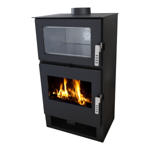 Șemineu pe lemne VERSO F INOX, 7 kW, din oțel inoxidabil, cu geam termorezistent, design modern, negru