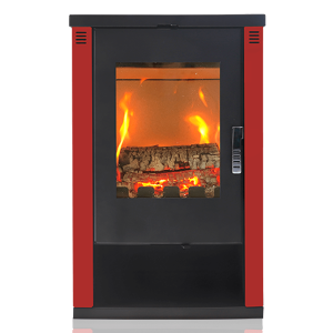 Șemineu pe lemne LHEIA, 7 kW, sobă din oțel cu geam termorezistent și design elegant, negru - Burgundy